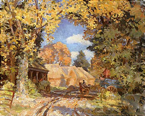 A Sussex Farm - The Rick Yard, West Burton Oil Painting by Wilfred Gabriel De Glehn