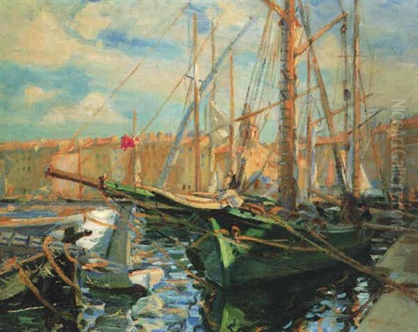 On The Quayside, St Tropez Oil Painting by Wilfred Gabriel De Glehn