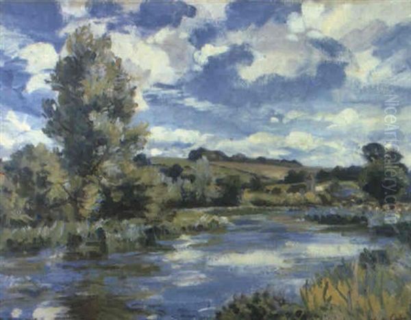 A Sunlit River Landscape Oil Painting by Wilfred Gabriel De Glehn