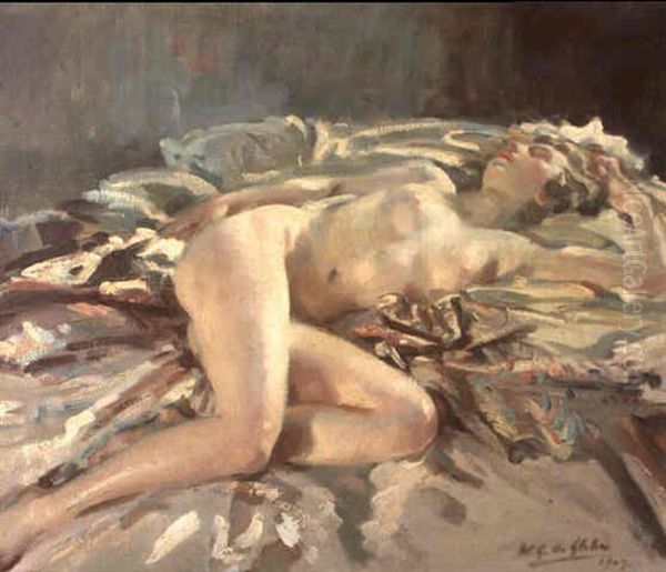 A Nude Female Figure Reclining On A Draped Couch Oil Painting by Wilfred Gabriel De Glehn