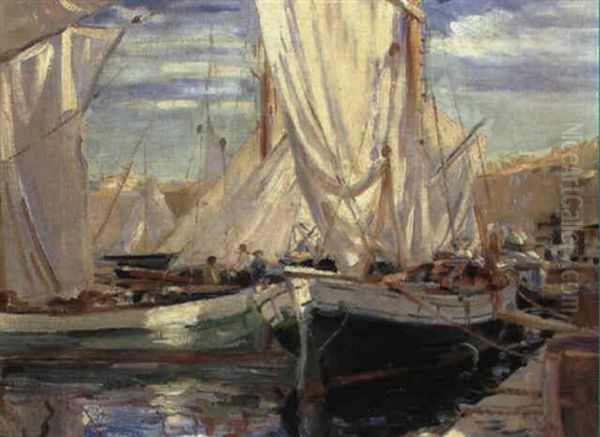 Bopats At Anchor, St. Tropez Harbour Oil Painting by Wilfred Gabriel De Glehn