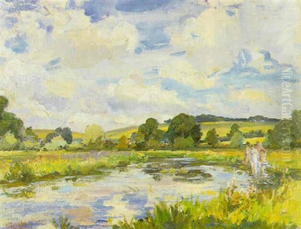 Bathing In The Avon, Wiltshire Oil Painting by Wilfred Gabriel De Glehn