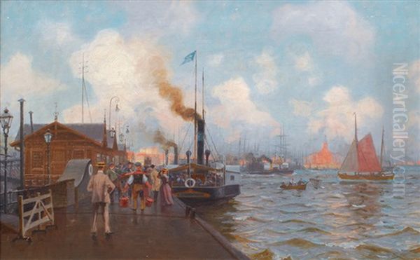 The Old Landungsbrucken With Paddle Steamer Oil Painting by Robert Gleich