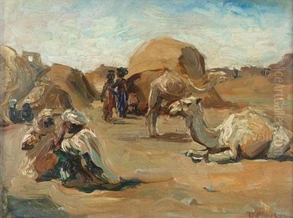 Camels And Bedoueen Oil Painting by Helena (Lady) Gleichen