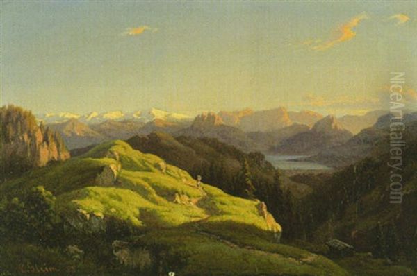 Alm Im Gebirge Mit Blick Auf Einen Gebirgssee Oil Painting by Eduard Gleim