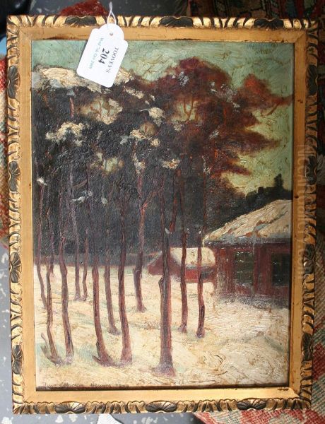 View Of A Snowy Woodland With Chalets Oil Painting by Henrik Backer