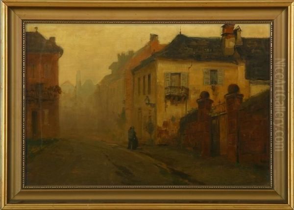 Townscape With Two Perons Hugging Eachother Oil Painting by Henrik Backer