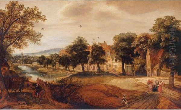 Abraham Meeting The Angels By A Village, An Extensive Landscape Beyond Oil Painting by Jacques Backereel