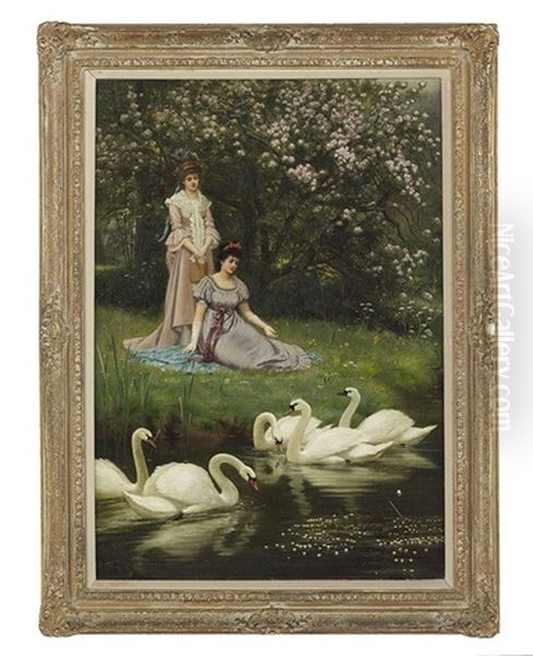 Feeding The Swans Oil Painting by Alfred Glendening Jr.