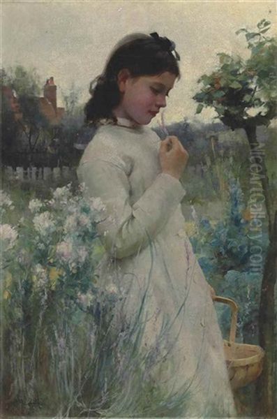 A Young Girl In A Garden Oil Painting by Alfred Glendening Jr.