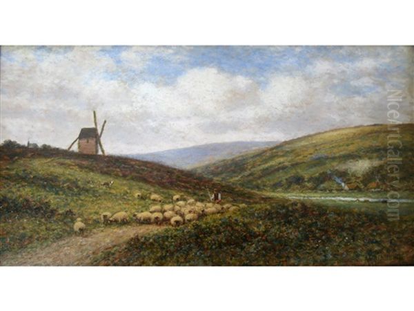 Herding Sheep, Alfriston, Sussex Oil Painting by Alfred Glendening Jr.