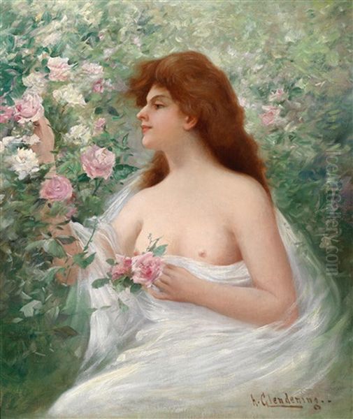 Junge Frau Rosen Pfluckend Oil Painting by Alfred Glendening Jr.