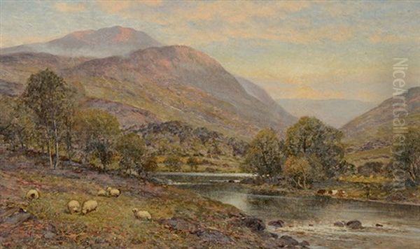 A Mountainous River Landscape With Sheep Oil Painting by Alfred Glendening Jr.