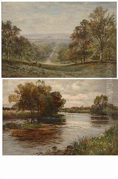 The Long Walk, Great Park, Windsor; A River Landscape With Figures Reaping In The Distance (pair) Oil Painting by Alfred Glendening Jr.