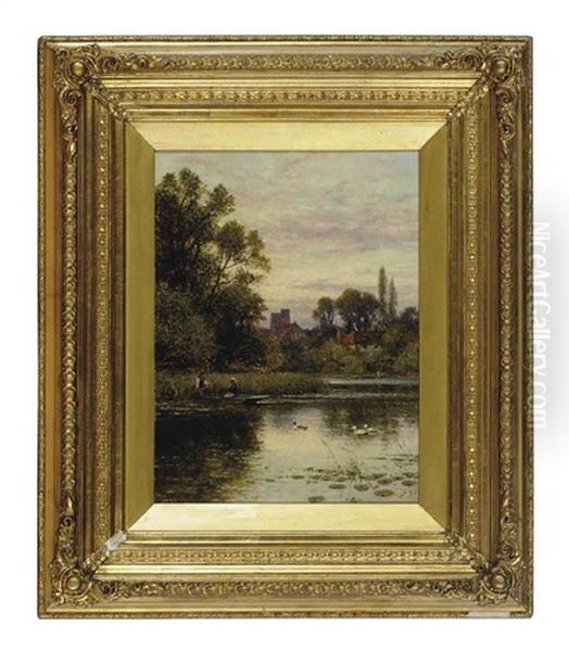 Rowing On A Pond With A Village Beyond Oil Painting by Alfred Glendening Jr.