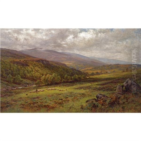 A River Landscape In Yorkshire Oil Painting by Alfred Glendening Jr.