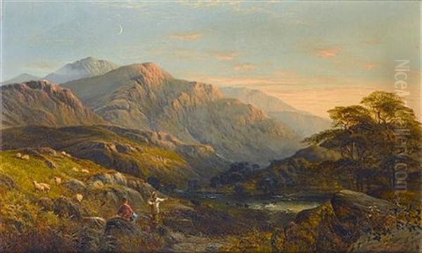 Figures In A Highland Landscape At Sunset Oil Painting by Alfred Glendening Jr.