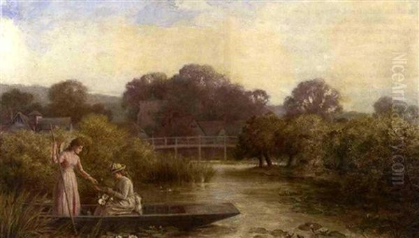 Two Young Ladies Punting On The Pond Oil Painting by Alfred Glendening Jr.