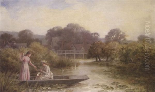 Two Ladies At The Pond Oil Painting by Alfred Glendening Jr.