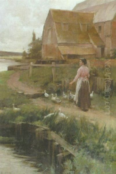 Tending The Ducks Oil Painting by Alfred Glendening Jr.