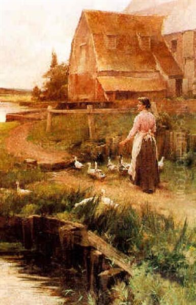 Tending The Ducks Oil Painting by Alfred Glendening Jr.