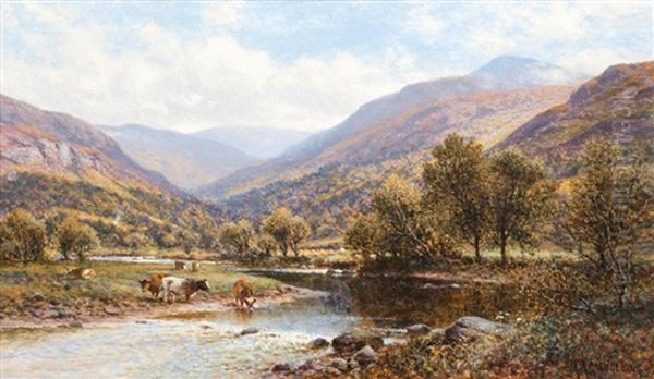 Cattle Watering In A Highland River Landscapeoil On Canvas, Signed And Dated 09, 30.8x51cm<br/>condition Report: In A Gilded Composition Restoration Style Frame, Late 20th Centurythe Canvas Has Not Been Relinedthe Wooden Stretcher Is The Originalthe Paint Oil Painting by Alfred Augustus Glendening Sr.