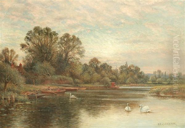 River Landscape With Swans Oil Painting by Alfred Augustus Glendening Sr.