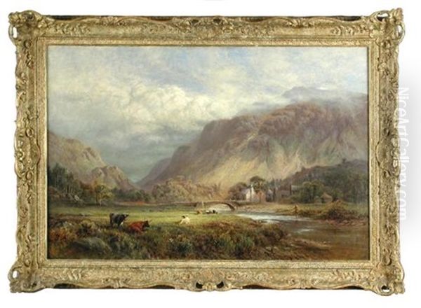 Cattle And A Fisherman In A View Of The Lake District Oil Painting by Alfred Augustus Glendening Sr.