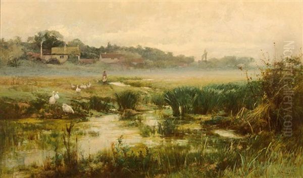 Ganseliesel Mit Ihrer Schar Im Fruhen Morgenlicht Oil Painting by Alfred Augustus Glendening Sr.