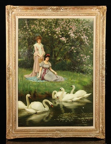 Women Feeding Swans Oil Painting by Alfred Augustus Glendening Sr.