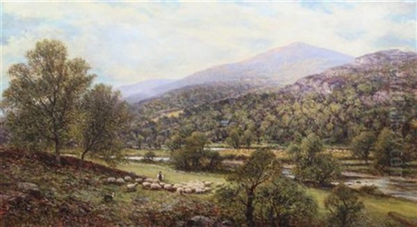 Shepherd And Flock In A Valley by Alfred Augustus Glendening Sr.