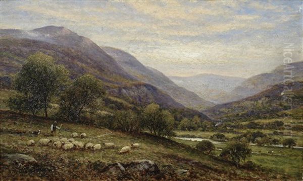 A Shepherd And His Flock In A Mountain Valley Oil Painting by Alfred Augustus Glendening Sr.