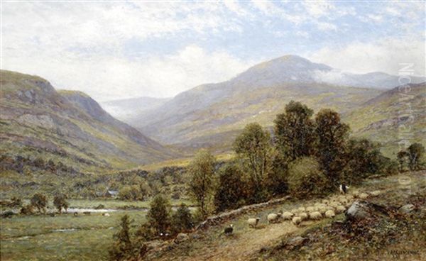 Shepherd And Flock On A Mountain Lane Oil Painting by Alfred Augustus Glendening Sr.