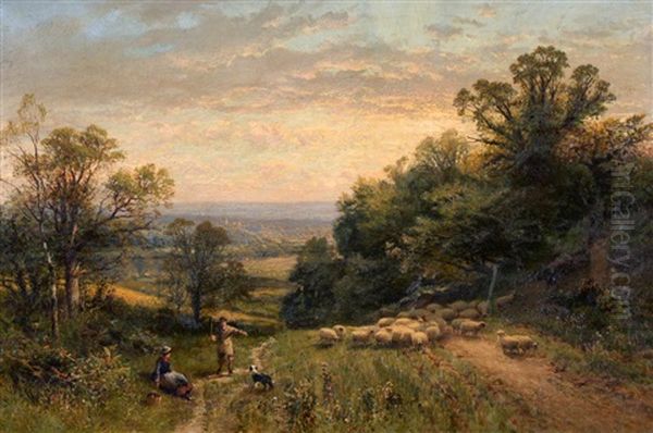 Figure Droving Sheep In An Extensive Summer Landscape At Dusk Oil Painting by Alfred Augustus Glendening Sr.