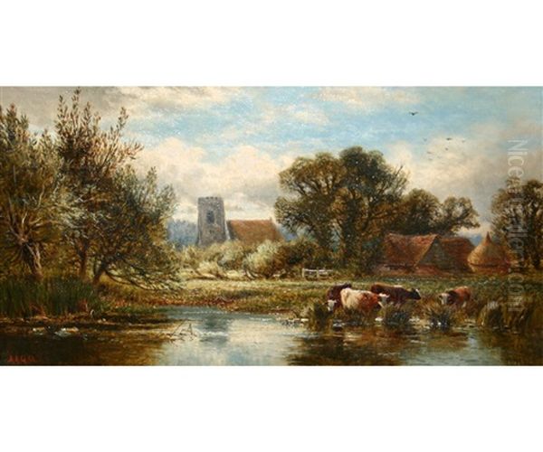 Cattle Watering Oil Painting by Alfred Augustus Glendening Sr.