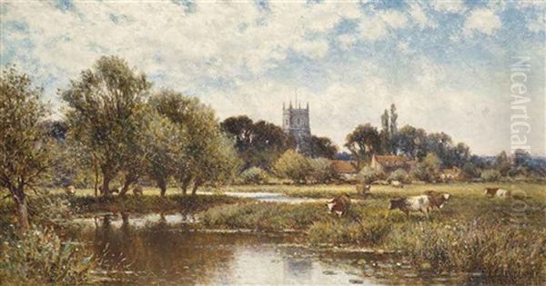 Cattle Watering, Kempstead-on-thames Oil Painting by Alfred Augustus Glendening Sr.