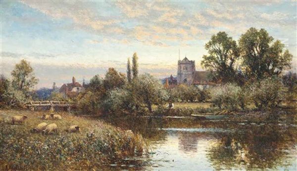 Sheep Grazing Before Wrotham Church, Twilight by Alfred Augustus Glendening Sr.