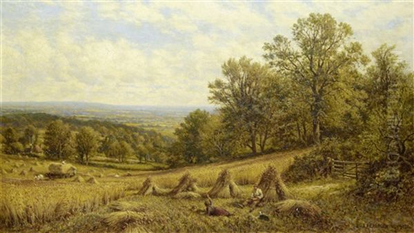 Harvest Scene Near Dorking, Surrey Oil Painting by Alfred Augustus Glendening Sr.