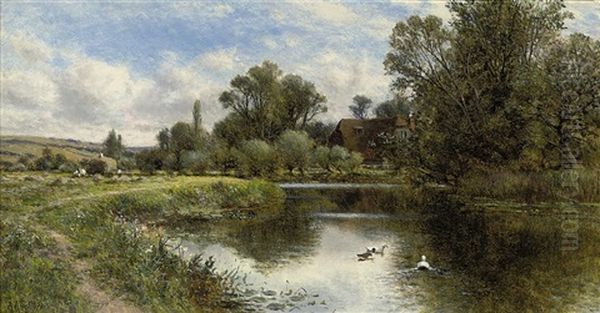 Ducks On A Pond, A Cottage Beyond Oil Painting by Alfred Augustus Glendening Sr.