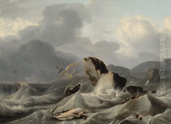 Shipwreck On A Rocky Coast Oil Painting by Ludolf Backhuijzen Ii