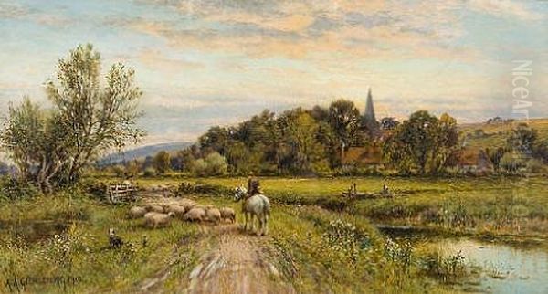 Mounted Shepherd And Flock Returning Home Oil Painting by Alfred Augustus Glendening Sr.