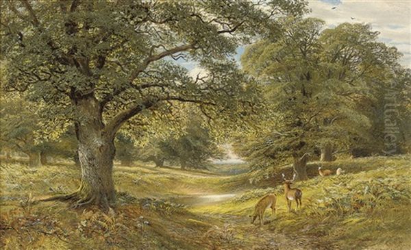 Deer In A Wooded Landscape Oil Painting by Alfred Augustus Glendening Sr.