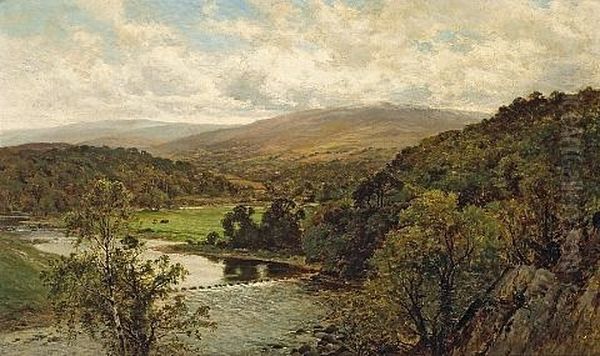 An Extensive River Landscape With Mountains Beyond Oil Painting by Alfred Augustus Glendening Sr.