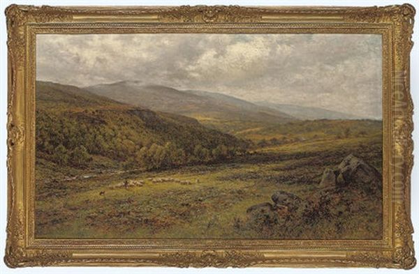 A Shepherd And His Flock On A Hillside In A River Valley Oil Painting by Alfred Augustus Glendening Sr.