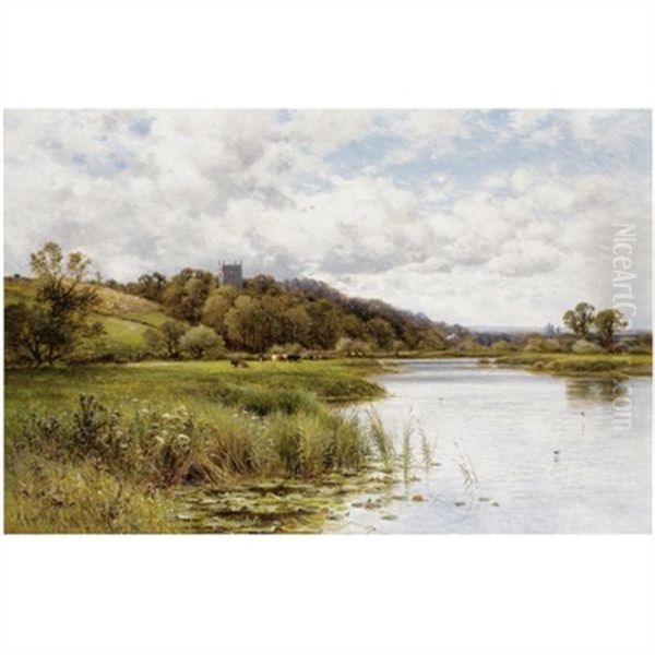 Cattle Grazing In A River Landscape With A Church Beyond Oil Painting by Alfred Augustus Glendening Sr.