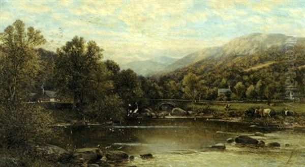 Cattle Watering Oil Painting by Alfred Augustus Glendening Sr.