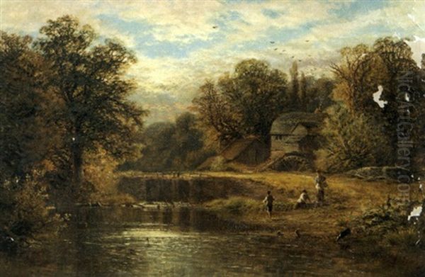 Fishing Along The Mill Stream Oil Painting by Alfred Augustus Glendening Sr.