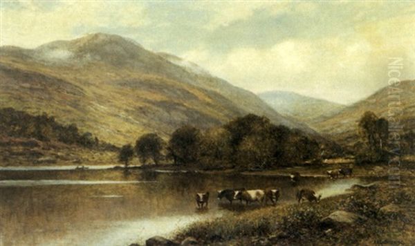 Cattle Watering In A Valley River Oil Painting by Alfred Augustus Glendening Sr.