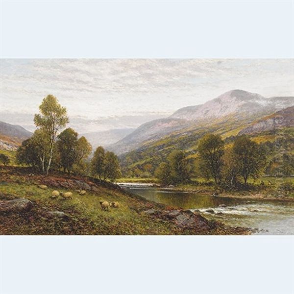 Sheep Grazing With Herders Resting On River's Edge Oil Painting by Alfred Augustus Glendening Sr.