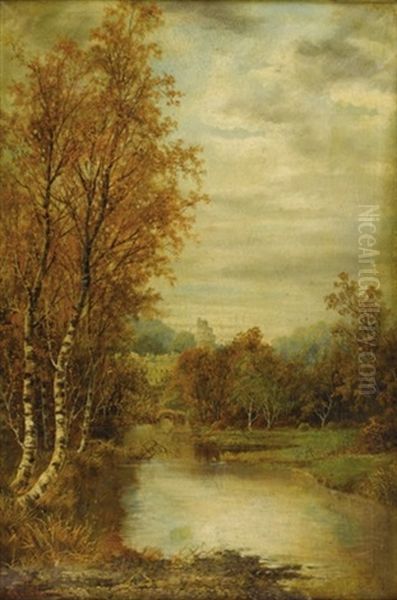 Autumn Landscape With Pond And Castle Tower Oil Painting by Alfred Augustus Glendening Sr.